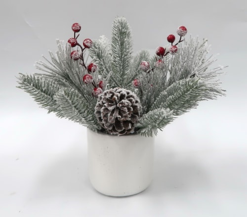 Holiday Home Flocked Greenery with Berries & Pinecone in White Pot Perspective: front