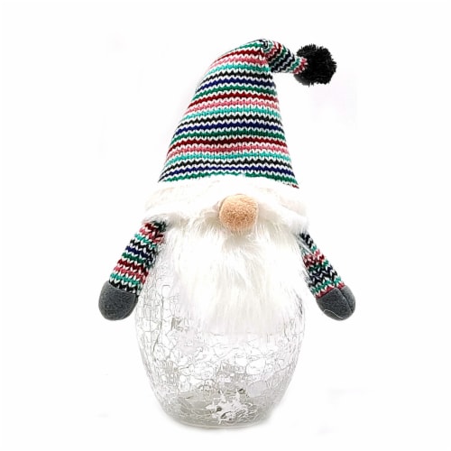 Holiday Home LED Crackle Glass Gnome with Striped Hat - Multi Colored Perspective: front
