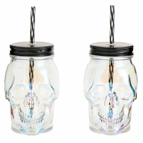 Holiday Home Clear Iridescent Spooky Skull Sipper - 2 Count Perspective: front