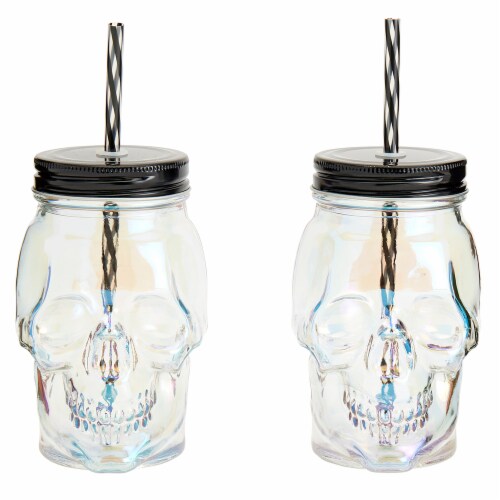 Clear Glass Skull Sipper Glasses With Lids & Straws Set Of 3