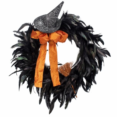 Holiday Home 22" Black Feathers Wreath Halloween Decor Perspective: front