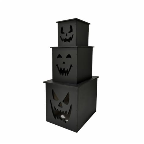 Holiday Home Black Jack-o-Lantern Wooden Illuminated Halloween Box - Set of 3 Perspective: front