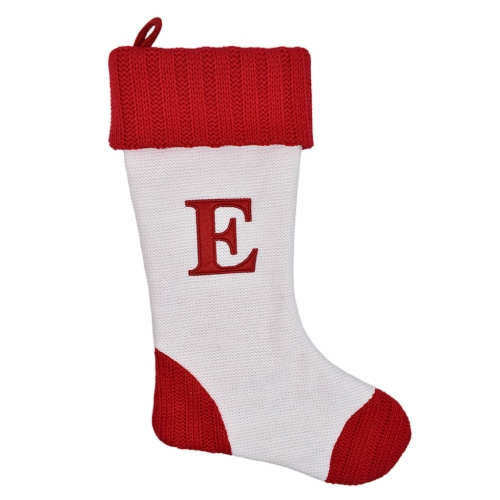 Holiday Home White with Red Toe & Heel Monogram Stocking Letter E Perspective: front
