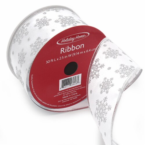 Holiday Home Silver Glitter Snowflake Holiday White Satin Christmas Ribbon, 30 ft Fred Meyer