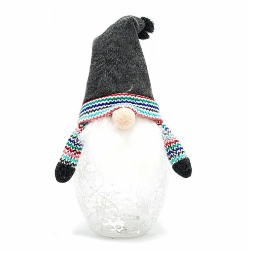 Holiday Home LED Crackle Glass Gnome with Striped Hat - Grey Perspective: front