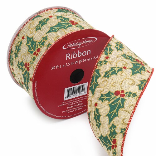 Holiday Home 2.5" Linen Holly Berry Wire Edge Christmas Ribbon Perspective: front