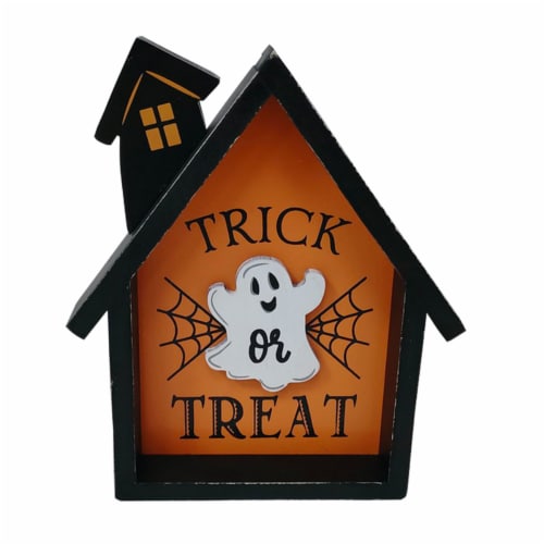 Holiday Home 7.8" Wood Block House Trick or Treat Halloween Table Decor Perspective: front