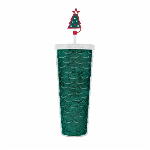 Holiday Home Christmas Tumbler with Straw & Topper - Dark Green Perspective: front