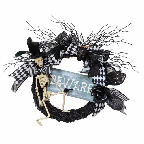 Holiday Home LED Fall Skeleton Beware Wreath Perspective: front
