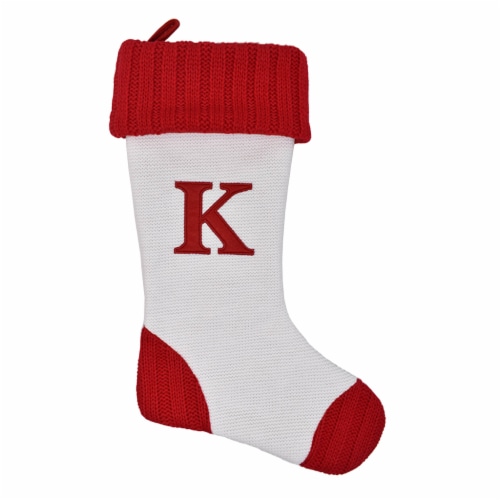 Holiday Home White with Red Toe & Heel Monogram Stocking Letter K Perspective: front