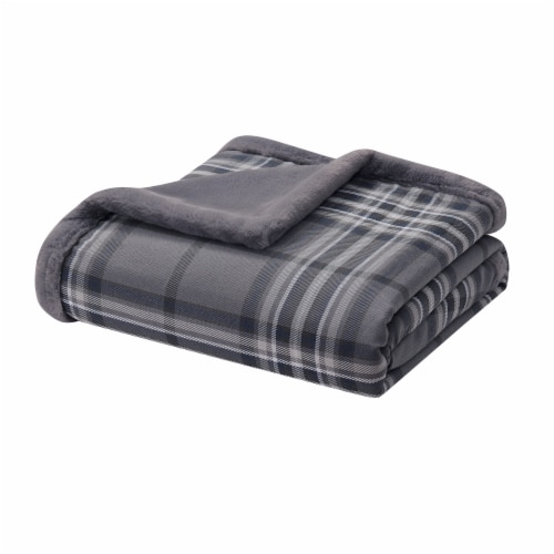 HD Designs Plaid Faux Fur Reversible Throw Blanket - Gray Perspective: front