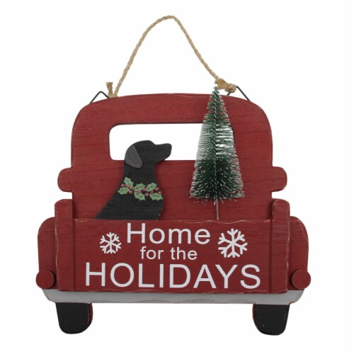 Holiday Home Red Truck with Black Dog and Christmas Tree Wall Hanging Christmas Décor Perspective: front