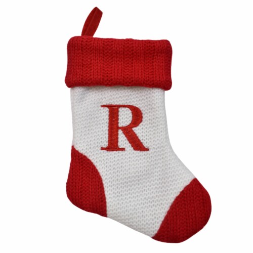 Holiday Home White with Red Toe & Heel Monogram Mini Stocking Letter R Perspective: front