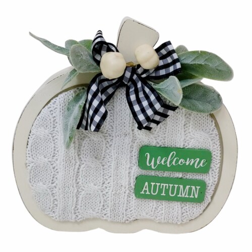 Holiday Home Wooden White Shaped Welcome Pumpkin with Fabric Fall Decor Perspective: front