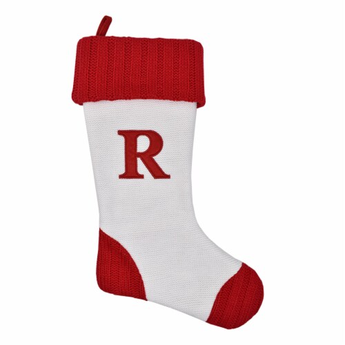 Holiday Home White with Red Toe & Heel Monogram Stocking Letter R Perspective: front