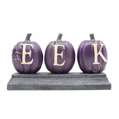 Holiday Home Purple EEK Pumpkins on Base Halloween Decor Perspective: front