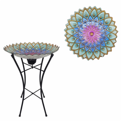 HD Designs Outdoors Handpainted Peacock Birdbath with Solar Stand Perspective: front