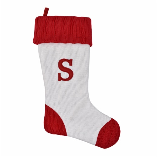 Holiday Home White with Red Toe & Heel Monogram Stocking Letter S Perspective: front