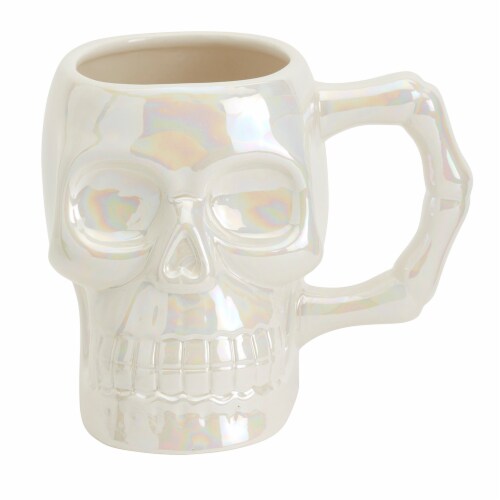 Holiday Home 18 oz Sculptural White Iridescent Skull Halloween Mug Perspective: front