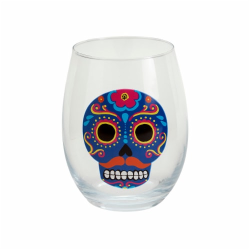 Holiday Home® Day of the Dead Stemless Wine Glass - Blue Skull Perspective: front