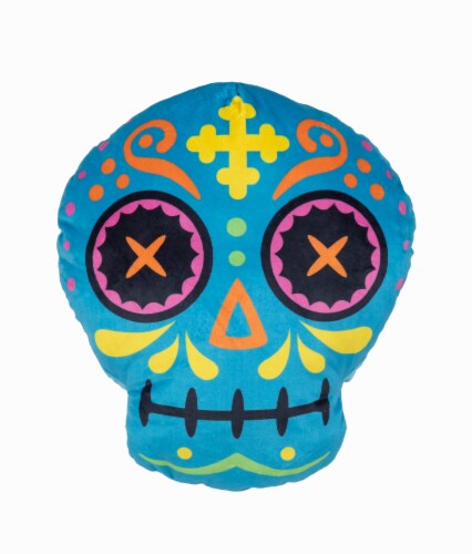 Holiday Home Halloween Day of the Dead Large Blue Skull Plush - Dia de Los Muertos Perspective: front