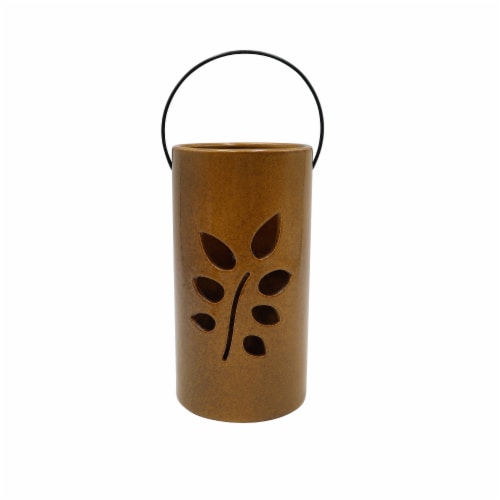 Holiday Home Ceramic Leaf Cutout Lantern Perspective: front