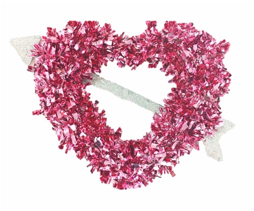 Holiday Home Valentine's Heart Tinsel Wreath with Arrow - Soft Pink Perspective: front
