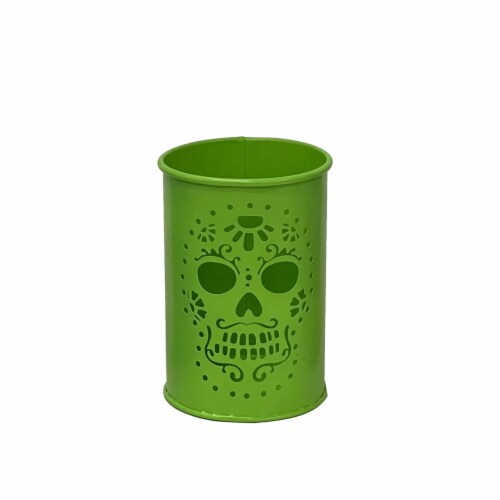 Holiday Home 5" Day of the Dead Green Metal Candle Holder - Dia de Los Muertos Perspective: front