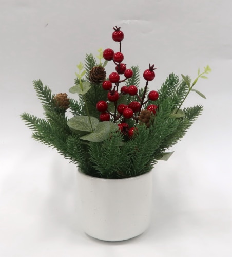 Holiday Home Greenery with Red Berries in White Pot Perspective: front