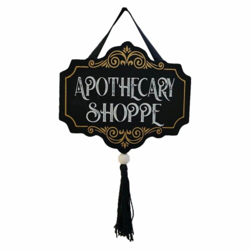 Holiday Home Black Apothecary Shoppe Wall Tassel Sign Halloween Decor Perspective: front