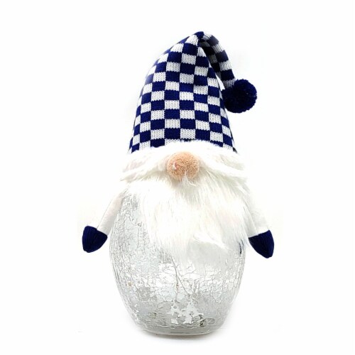 Holiday Home LED Crackle Glass Gnome with Checker Hat - Blue Perspective: front