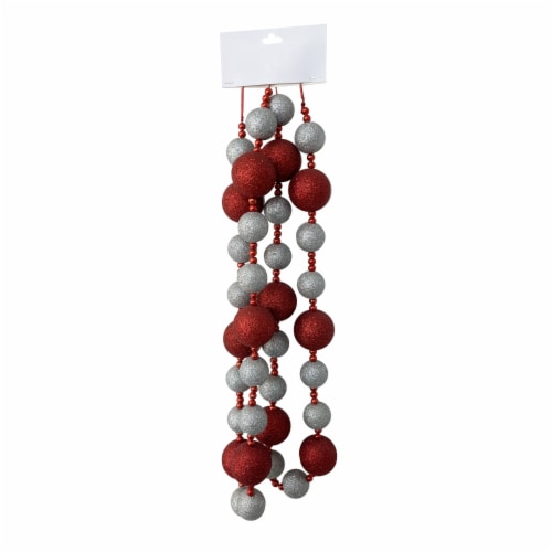 Holiday Home 6' Red and Silver Glitter Ball Garland Christmas Holiday Decoration Perspective: front