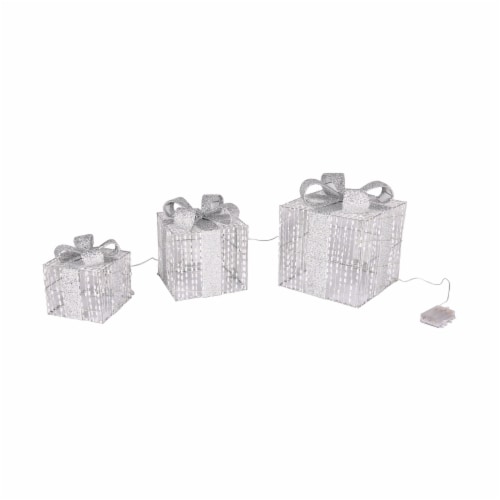 Holiday Home LED Christmas Gift Boxes Decor - Silver Perspective: front
