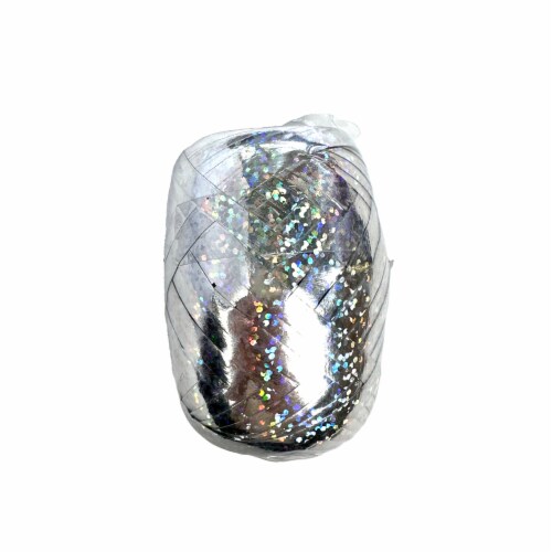 Holiday Home 70' Silver Holographic Keg Curl Christmas Ribbon Perspective: front
