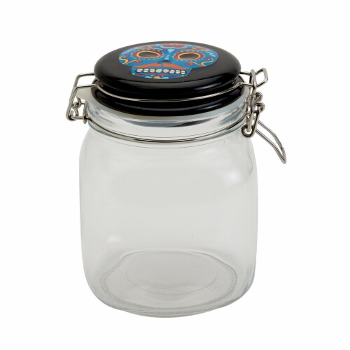 Holiday Home Day of the Dead Clamp Jar- Blue Skull Perspective: front