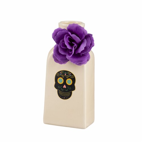 Holiday Home 7-Inch Sugar Skull Vase with Flower - White Perspective: front