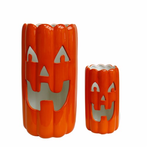 Holiday Home Ceramic Jack o Lantern Candle Holders - Orange Perspective: front
