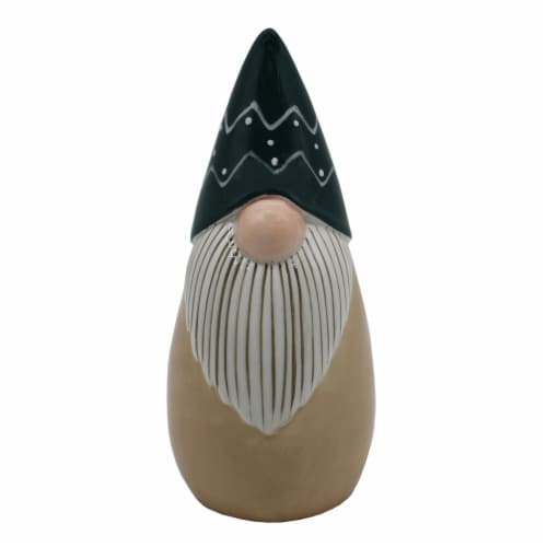 Holiday Home 6.7in Ceramic Gnome Green Hat Perspective: front