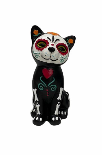 Holiday Home Day of the Dead Cat Figurine - Dia de los Muertos Perspective: front