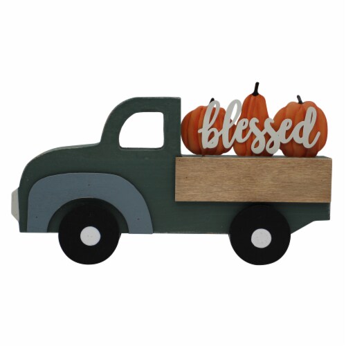 Holiday Home® 9" Green Truck with Blessed Pumpkins Thanksgiving Fall Décor Perspective: front