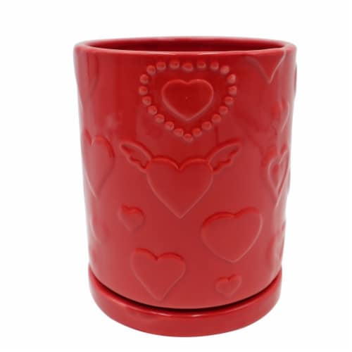 Holiday Home Valentine's Day Love Ceramic Planter with Saucer - Red Perspective: front