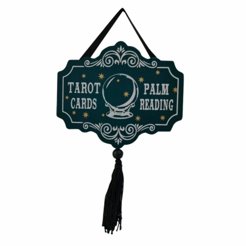 Holiday Home Green Tarot Cards Green Wall Tassel Sign Halloween Decor Perspective: front