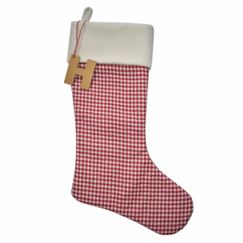 Holiday Home Monogram Red Houndstooth Stocking with Hanging Letter H Perspective: front