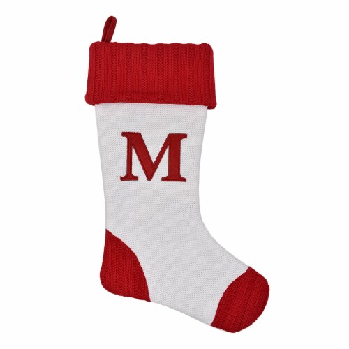 Holiday Home White with Red Toe & Heel Monogram Stocking Letter M Perspective: front