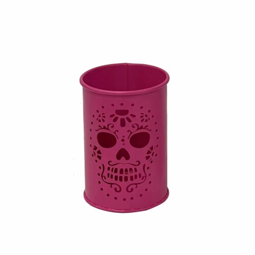 Holiday Home 5" Day of the Dead Pink Metal Candle Holder - Dia de Los Muertos Perspective: front