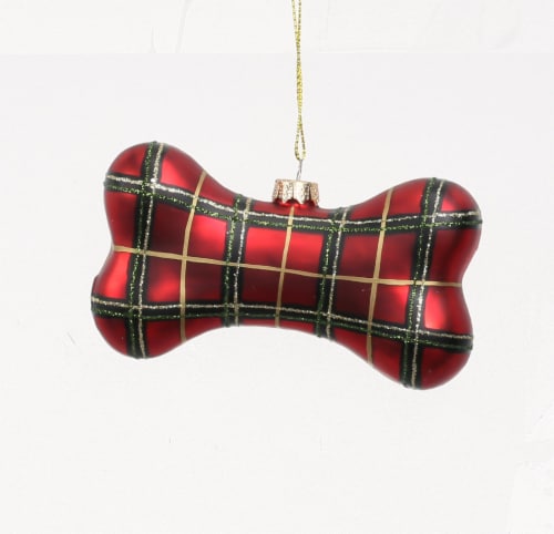 Holiday Home Red Plaid Bone Ornament Perspective: front