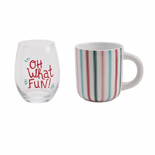 Holiday Home Oh What Fun Wine Glass and Stripe Mug - Set of 2 Perspective: front