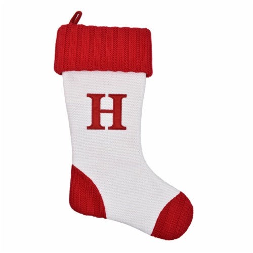 Holiday Home White with Red Toe & Heel Monogram Stocking Letter H Perspective: front