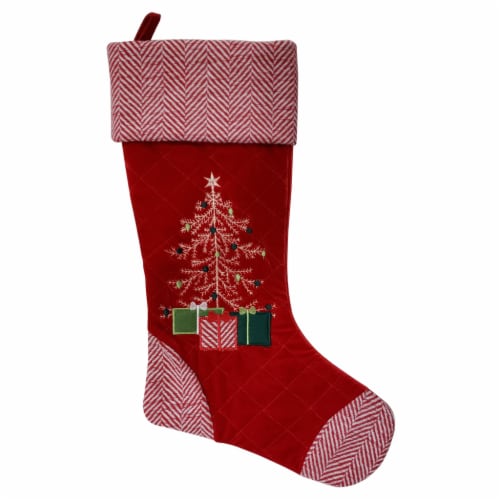 Holiday Home Red Trees Herringbone Stocking Perspective: front