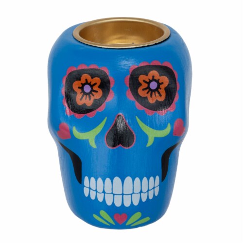 Holiday Home Day of the Dead Skull Candle Holder - Blue Perspective: front